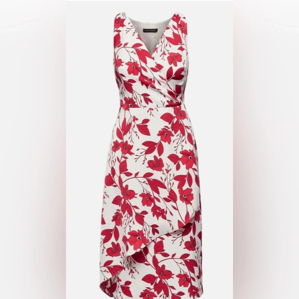 Banana Republic Dress Red and White Floral Leaf Faux Crossover Size 4 NWT - Picture 1 of 13